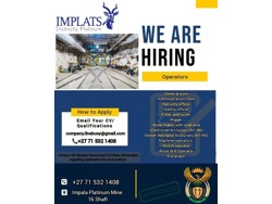 Impala platinum mine is hiring for more info call Mr ALFRED on 073 007 8559 or WhatsApp 071 532 1408